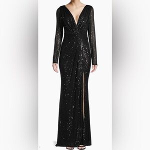 NWT IEENA for MacDuggal Elegant Black Sequin Evening Gown dress slit Ls 16 flaws